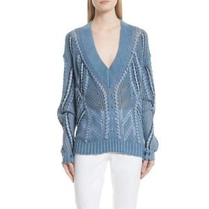Rag & Bone Indigo Blue Lucie Pointelle Woven Ribbon Cord Sweater Size S